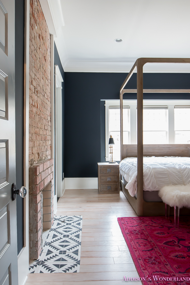 master-bedroom-black-walls-white-wood-bead-chandelier-whitewashed-hardwood-flooring-four-poster-bed-restpration-hardware-inkwell-rug-1-of-19