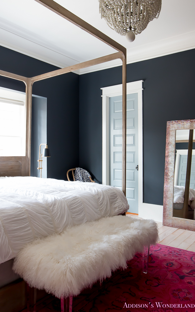 master-bedroom-black-walls-white-wood-bead-chandelier-whitewashed-hardwood-flooring-four-poster-bed-restpration-hardware-inkwell-rug-10-of-19