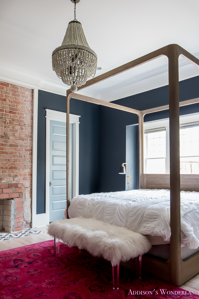 master-bedroom-black-walls-white-wood-bead-chandelier-whitewashed-hardwood-flooring-four-poster-bed-restpration-hardware-inkwell-rug-11-of-19