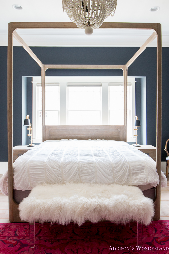 master-bedroom-black-walls-white-wood-bead-chandelier-whitewashed-hardwood-flooring-four-poster-bed-restpration-hardware-inkwell-rug-13-of-19