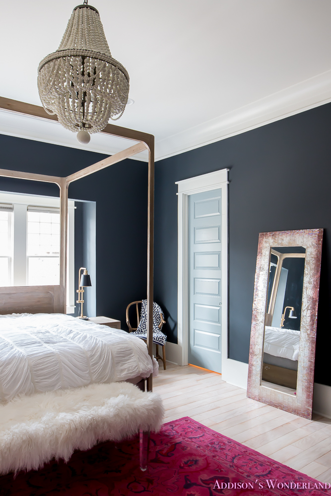 master-bedroom-black-walls-white-wood-bead-chandelier-whitewashed-hardwood-flooring-four-poster-bed-restpration-hardware-inkwell-rug-17-of-19