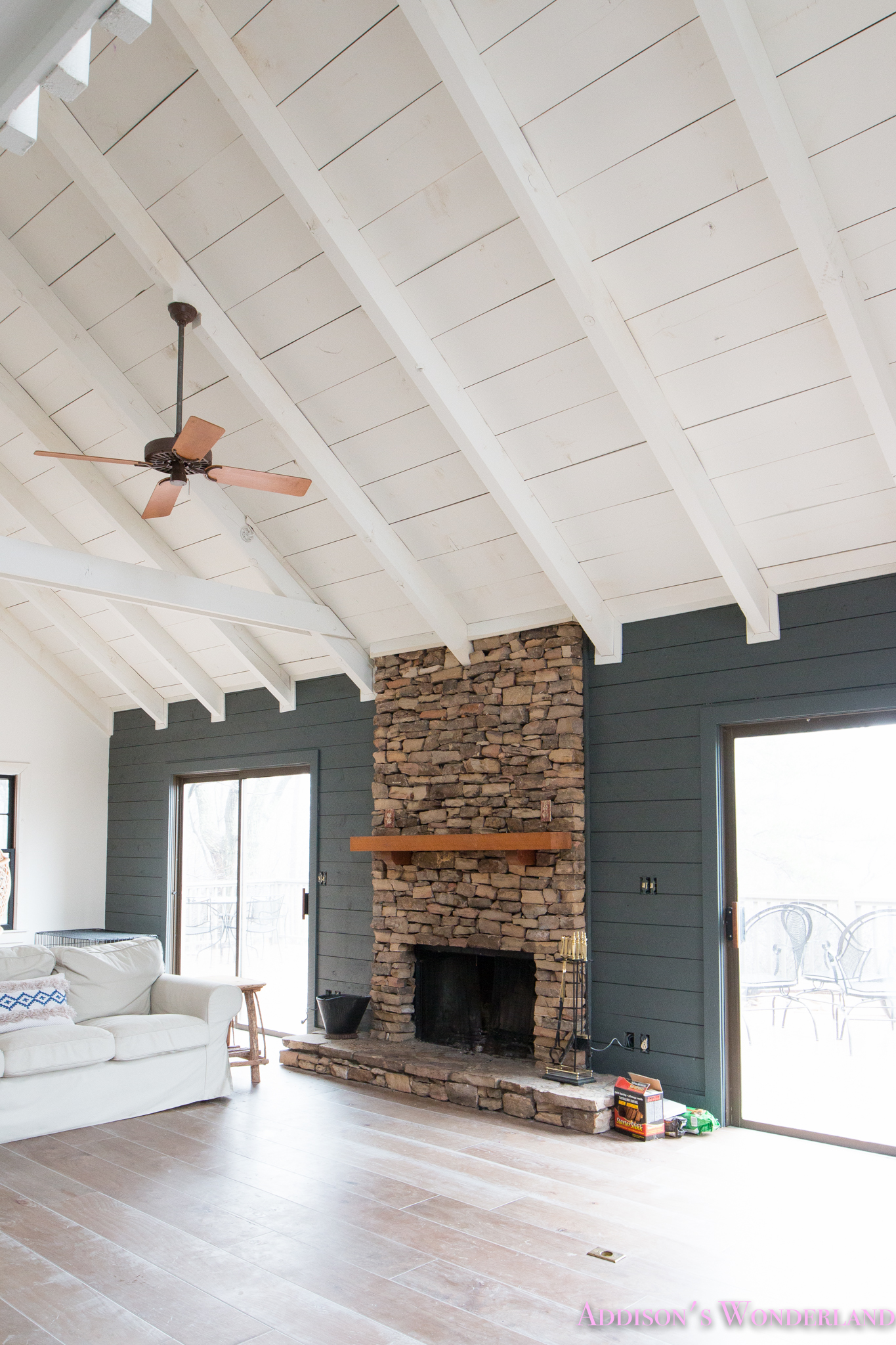 White Cabin Painted Vaulted Ceiling Rustic All Simply White Benjamin Moore Shaw Floors Whitewashed Hardwood Flooring 9 Of 12 